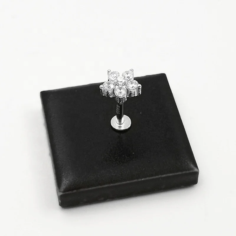 5pcs/lot 925 Silver Internally Thread Labret Lip Studs Rings CZ Ear Cartilage Tragus Helix Piercing  Body Jewelry 16G