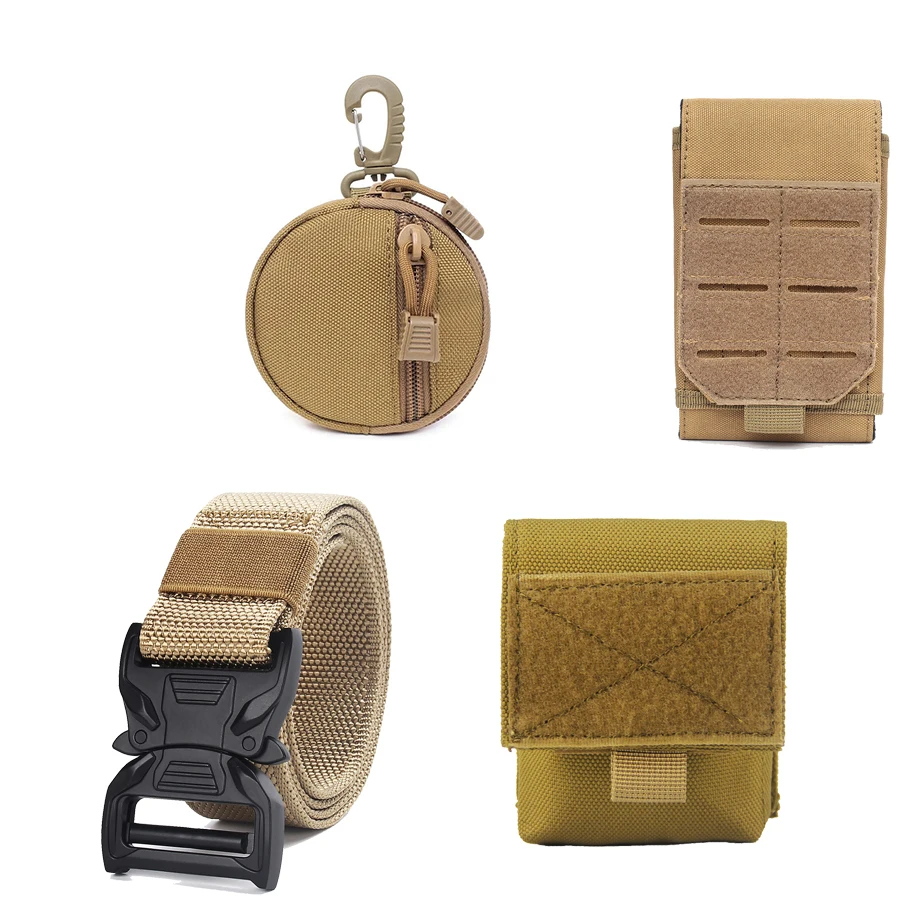 Outdoor security canvas webbing nylon fabric belt with Molle phone pouch cigarette bag keychain pouch for Camping Hiking