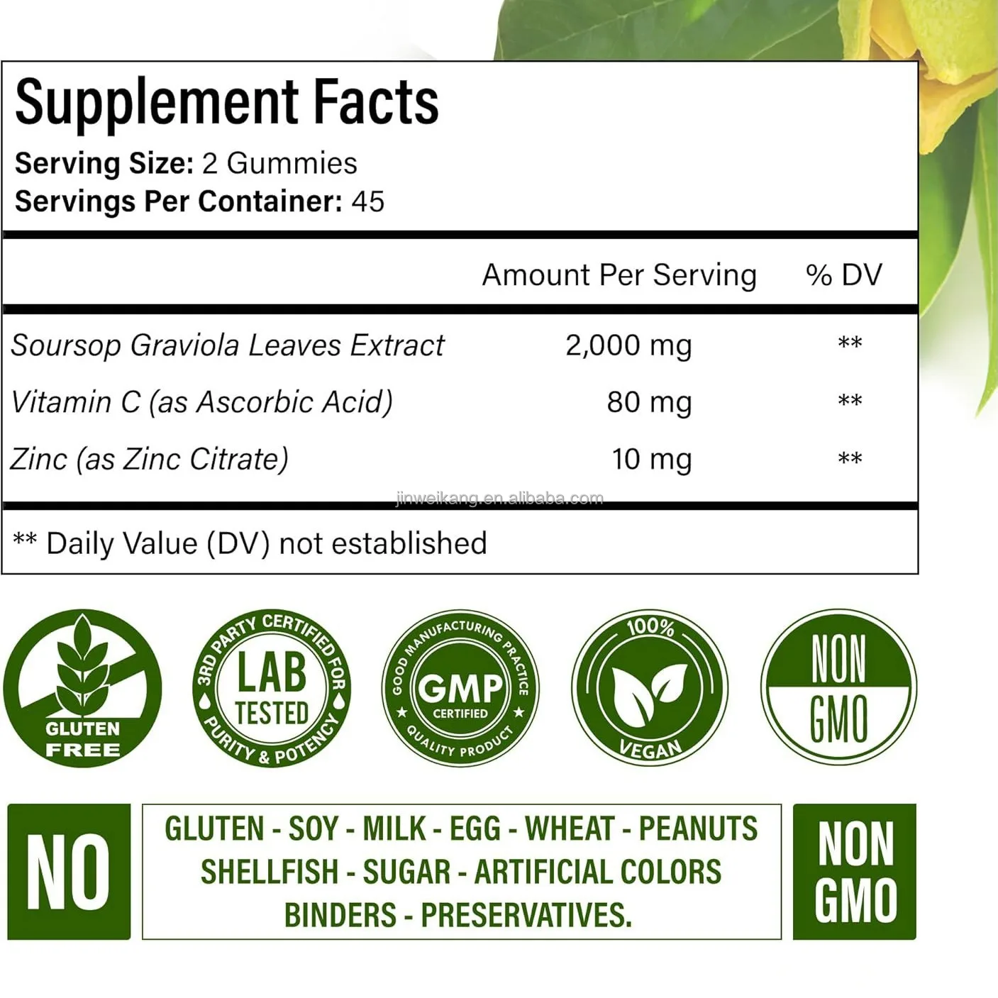 Vitahealthy OEM/ODM Hot sale Soursop graviola leaves concentrated extract rich in Vitamin C 100% natural Soursop graviola gummy