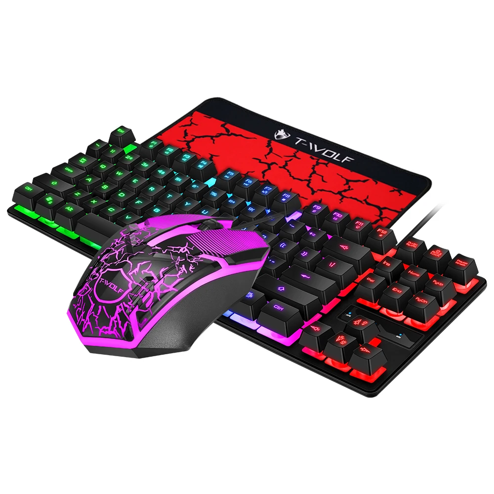 Twolf 87 Key Wired Game Keyboard Mouse and mouse pad 3in1 combo for PC computer gamer RGB LED rainbow light keyboard and Backlit