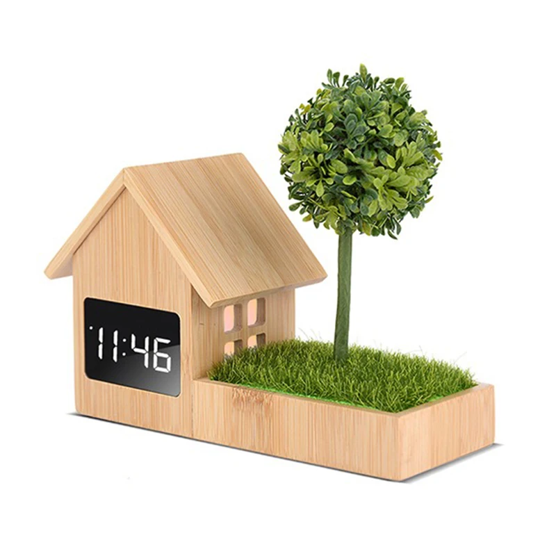 2022 New Year Gift Home Decoration Real Bamboo House shape Alarm Clock With Calendar Temperature Display best for bedroom