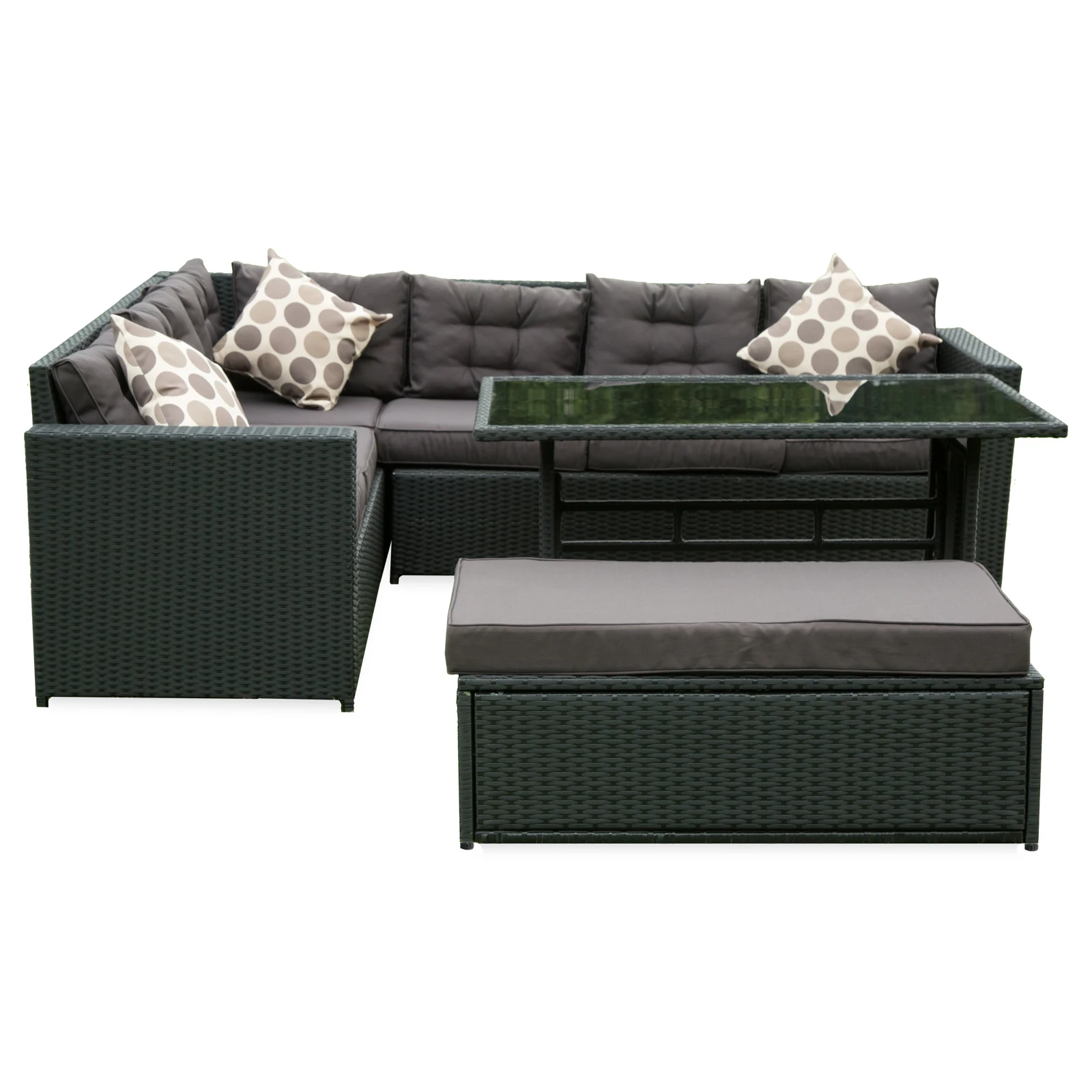 All weather Chinese Handmade Outdoor Lounge Patio Storage Function Ottoman Complete Poly Rattan Wicker Dining Sets