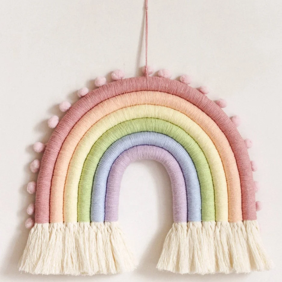DIY Cotton Rope Macrame Rainbow Wall Hanging Colorful Tapestry Woven Tassel Rainbow Wall Art for Nursery Baby Kids Room Decor