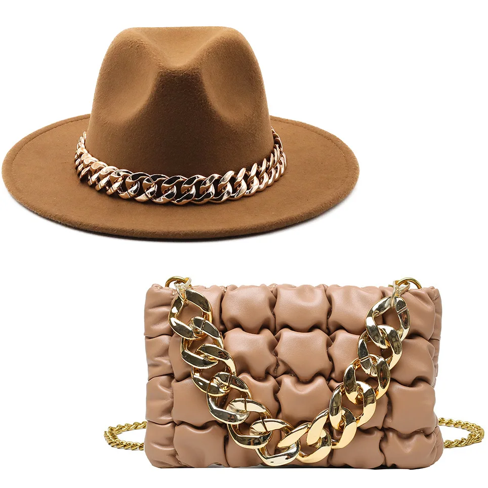 2022 New Fedora Hats And Handbags Match Hot Selling Ladies Classics Solid Fedora Hats With Gold Chain And Women Crossbody Bags