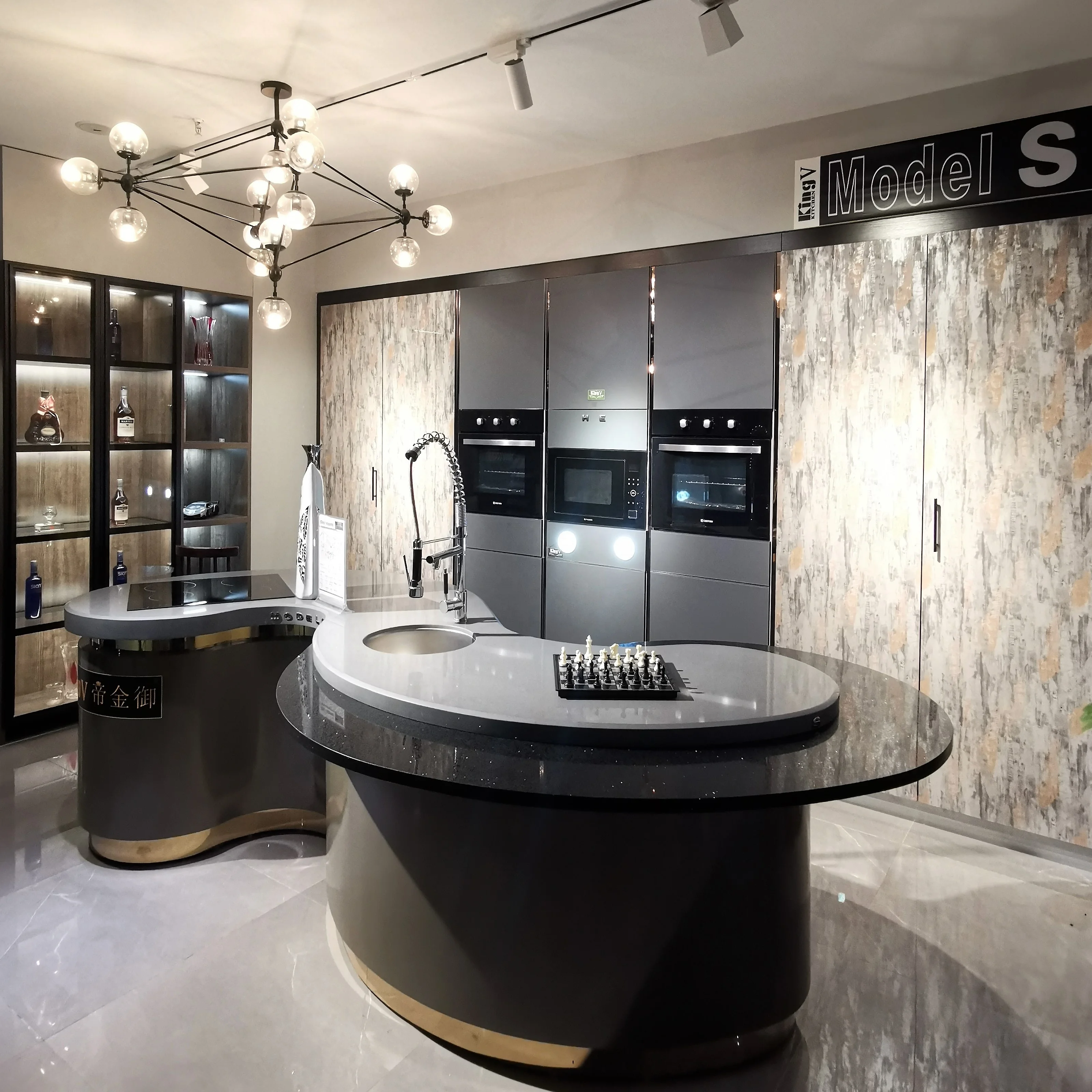 KINGV Luxury villa lacquer kitchen furniture with Curved  shape island 3D free design custom modular kitchen