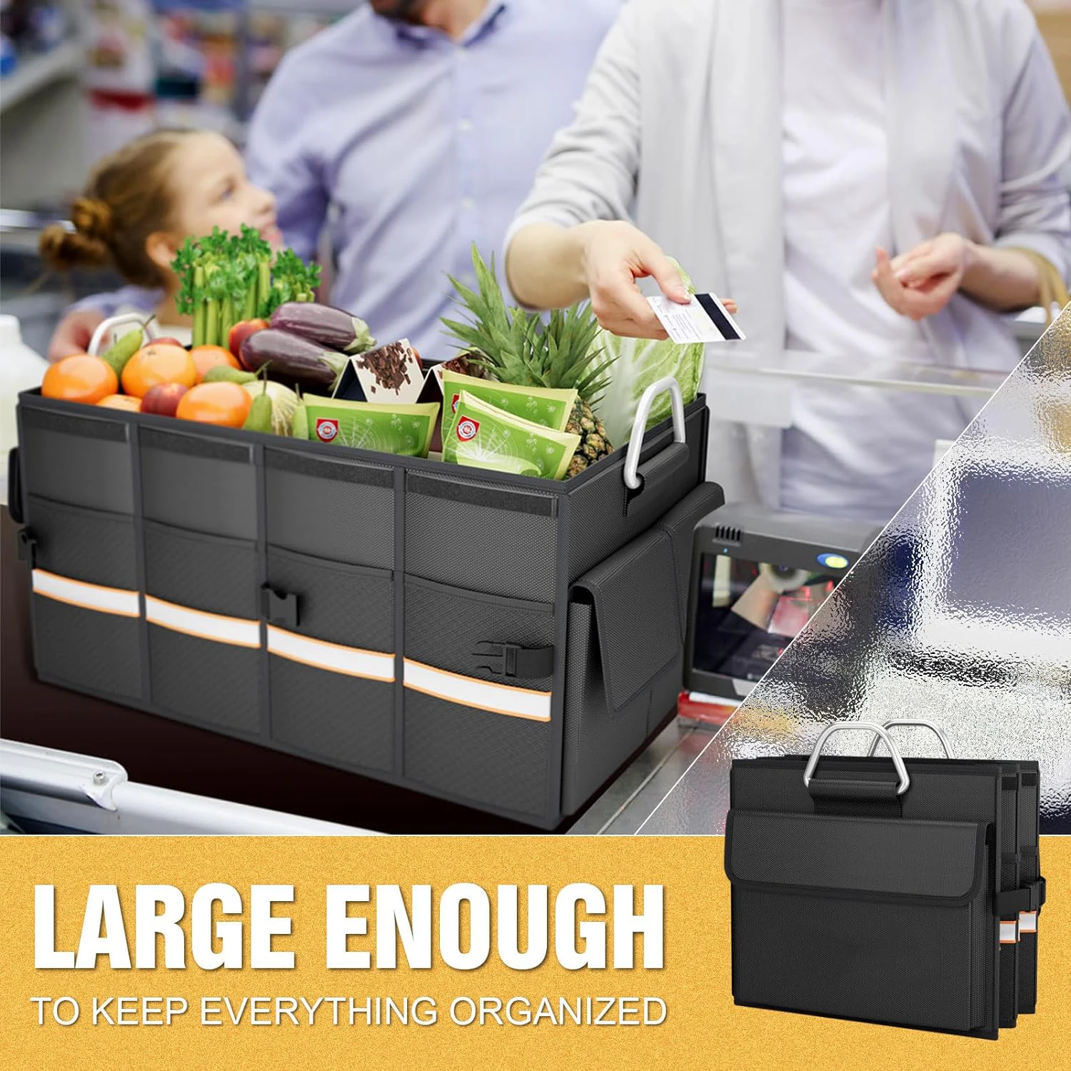 Multifunctional Waterproof 1680D Oxford Heavy Duty Collapsible Storage Box Car Trunk Organizer With Metal Handle