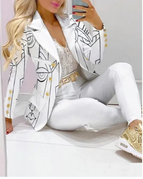 KC Latest Design Long Sleeve Ladies Formal Suits Womens Blazer And Pants Set Printing Womens Suits & Tuxedo