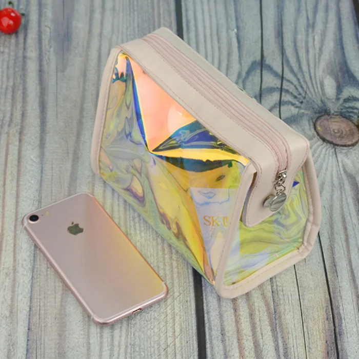 Factory Hot Sales Transparent Cosmetic Bag Laser PVC Magic Color Custom Holographic Rainbow Lipstick Makeup Bag