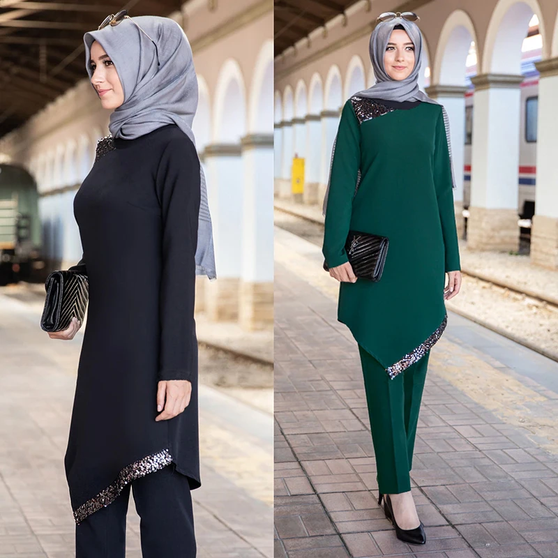 Traditional Muslim Clothing Two Pieces Top and Pants Set Plus Size Muslim Women Pant Suits