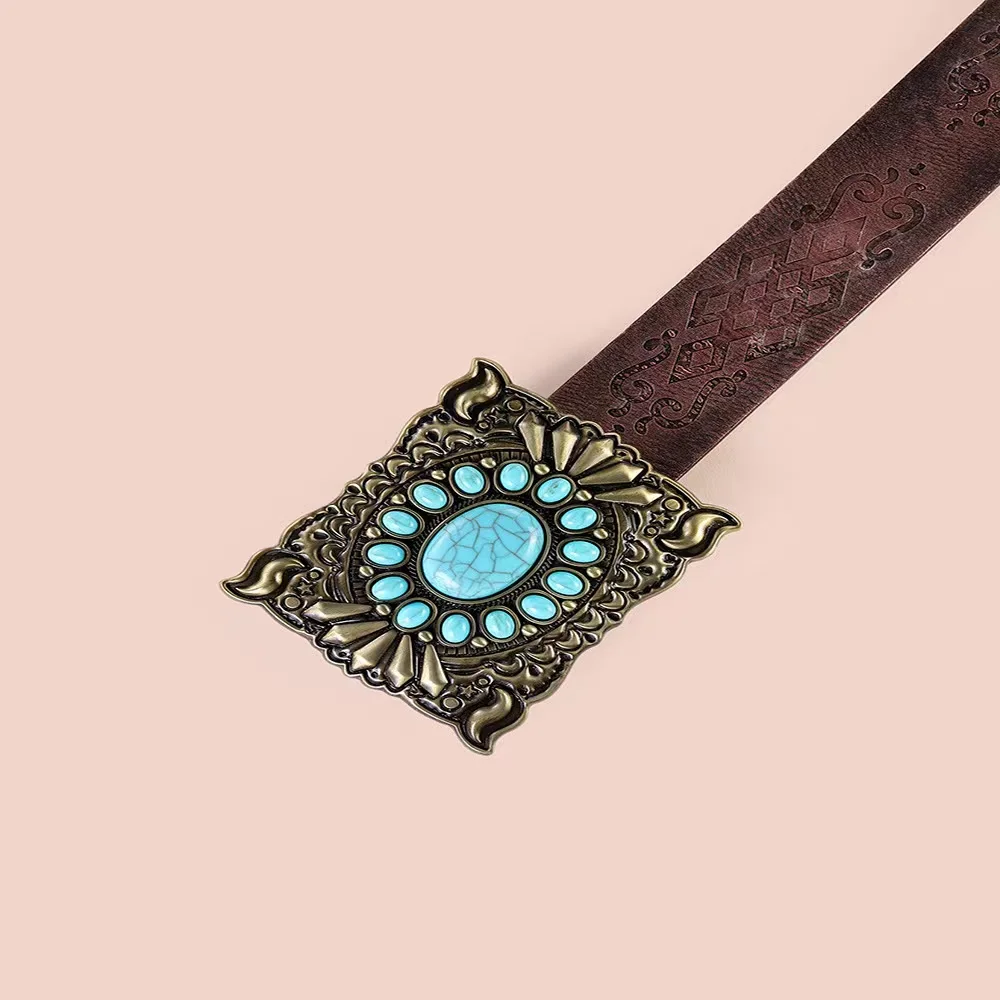 Retro ethnic belt square turquoise print alloy buckle fashion brown pu belt