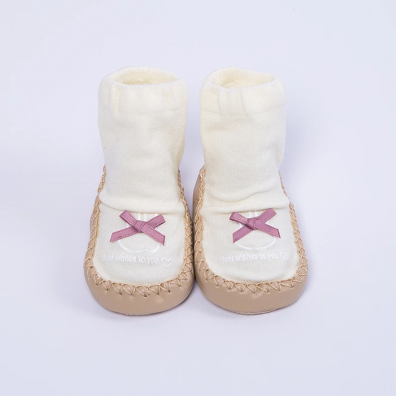 Factory Supply Warm Knit Slipper Baby Socks With Leather Sole Kids Children Shoes Non Slip