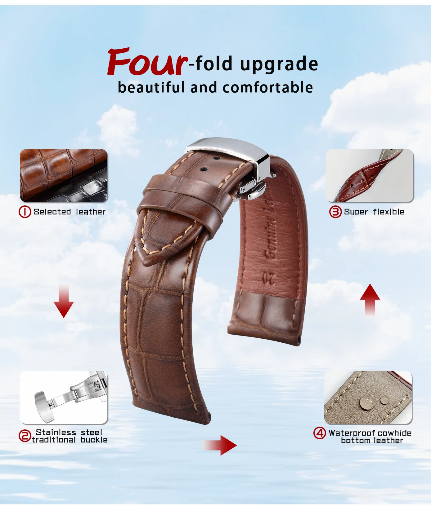 
Luxury High Quality Special Deloyment butterfly buckle Clasp 316L SS Folding Buckle genuine leather watch bands 