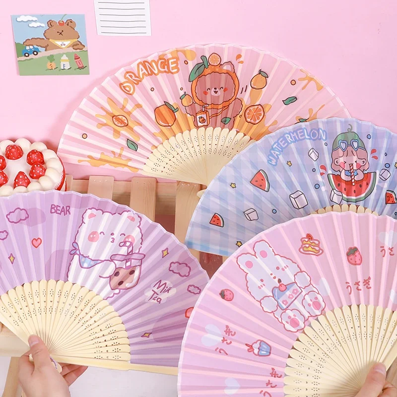Creative summer cute kawaii portable folding wood hand fan for children