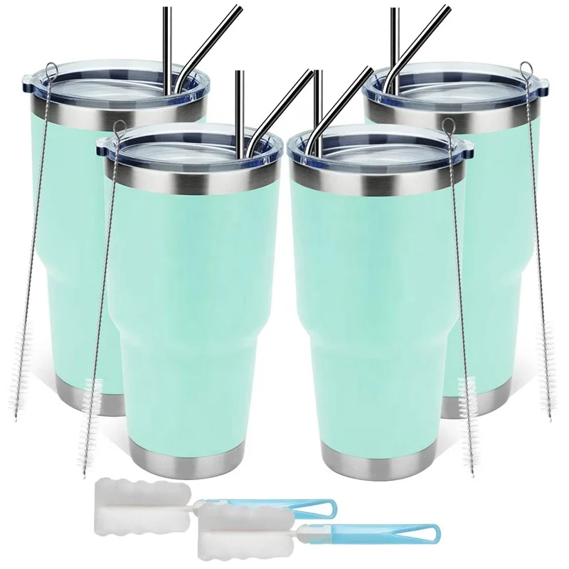 30OZ Tumbler With Lids And Metal Straw 18/8 Stainless Steel Vacuum Insulated Tumbler Insulated Coffee Mug Water Cup Blue Color
