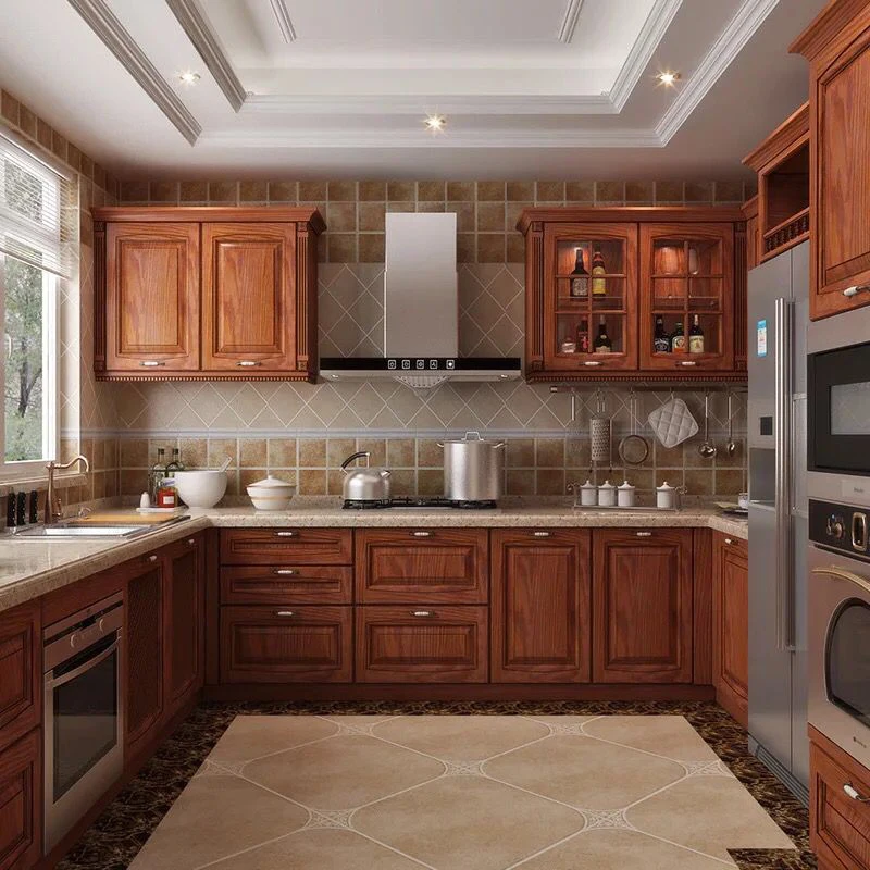 Custom size classic design solid wood  kitchen cabinets and cupboards kitchen furniture made with oak