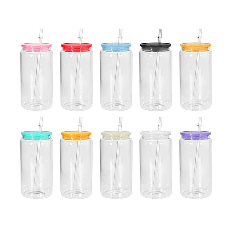 Wholesale 16oz sublimation glass can transparent drink juice clear glass tumbler with colorful lid