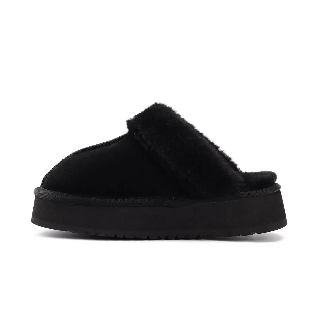 QY1090 2024 Custom Women Fashion Thick Sole Platform Warm Furry Fuzzy Real Wool Shearling Sheepskin Slippers