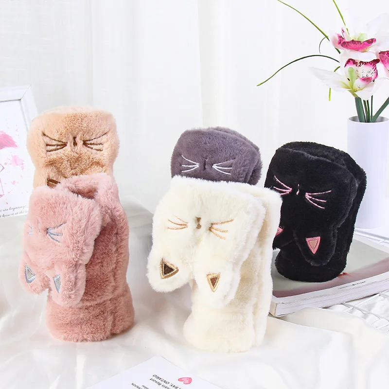 JSFUR  Women Girls Soft Faux Fur Convertible Flip Top Gloves Cute Cat Fingerless Winter Mittens