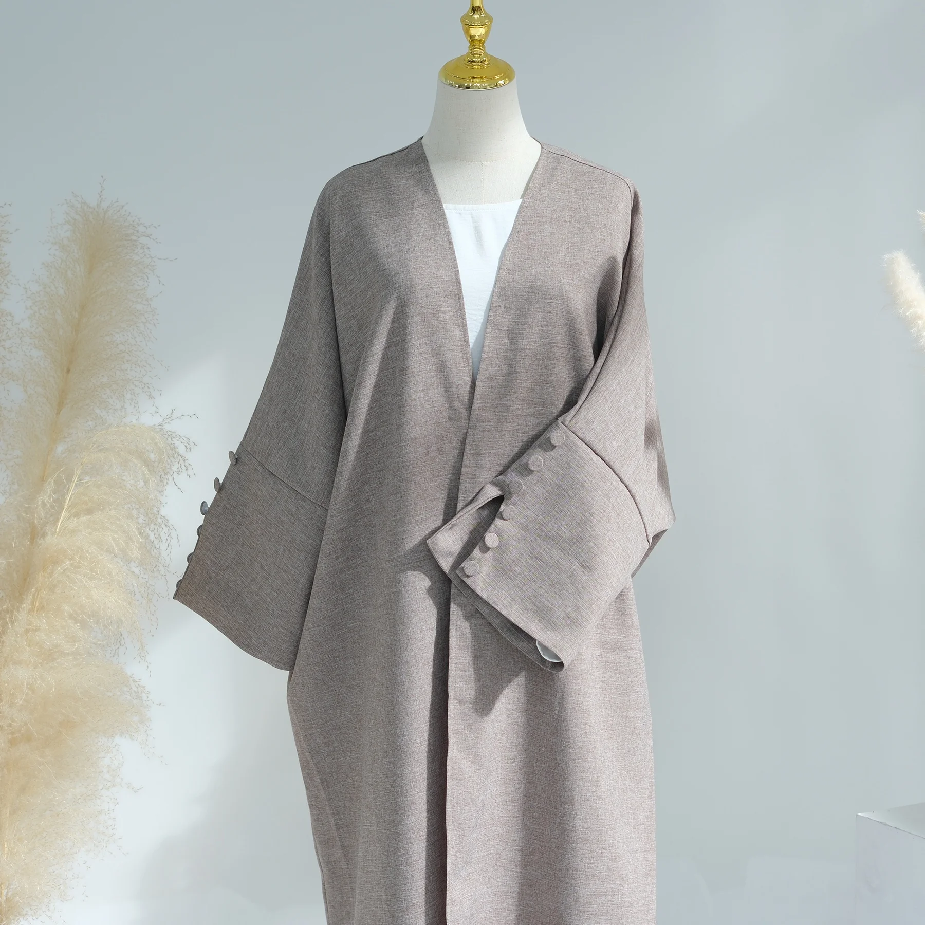 2024 Loriya EID Ramadan Linen Kimono Abaya with Buttons and Slit Sleeves Solid Color Islamic Clothing Women Abaya