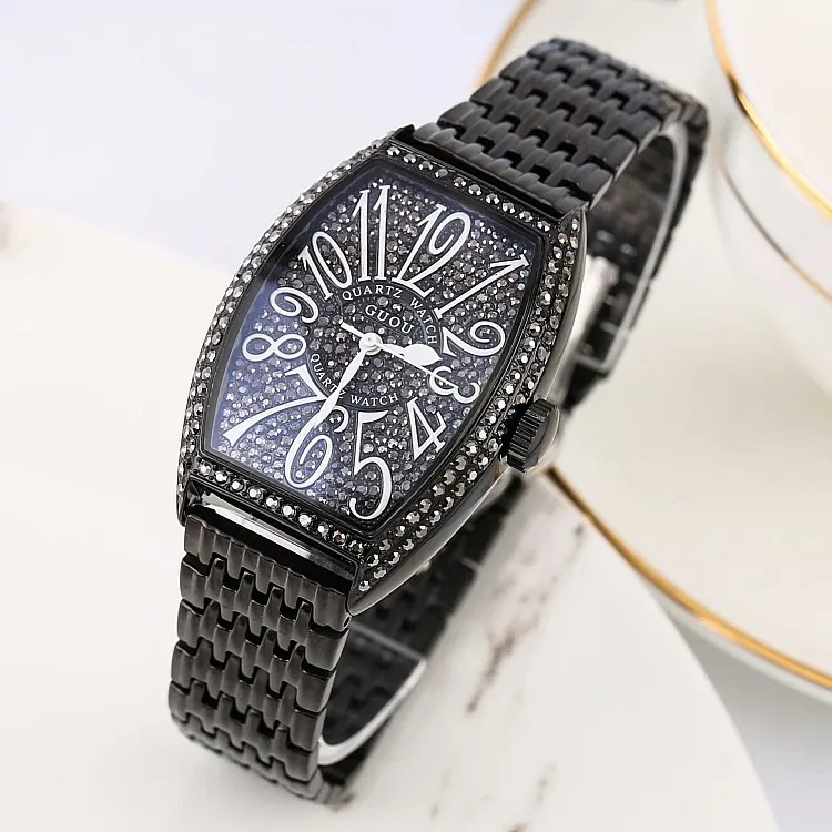 Часы GUOU мужские с ремешком из нержавеющей стали модные ретро-часы в форме бочонка вина со стразами подчеркивающие индивидуальность