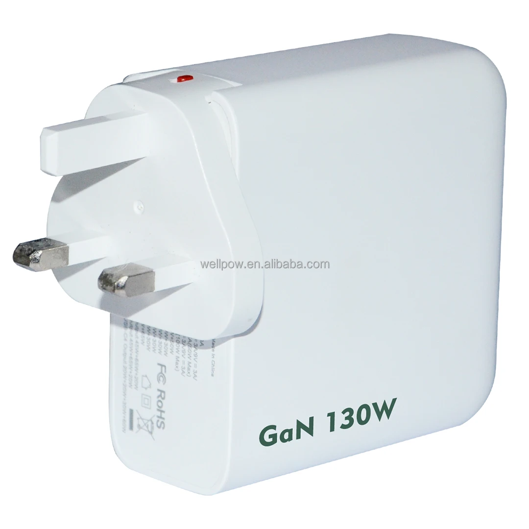 Fast Wall charger  4 USB-C port  130W GaN power adapter with US UK EU Au plugs Certificate approval