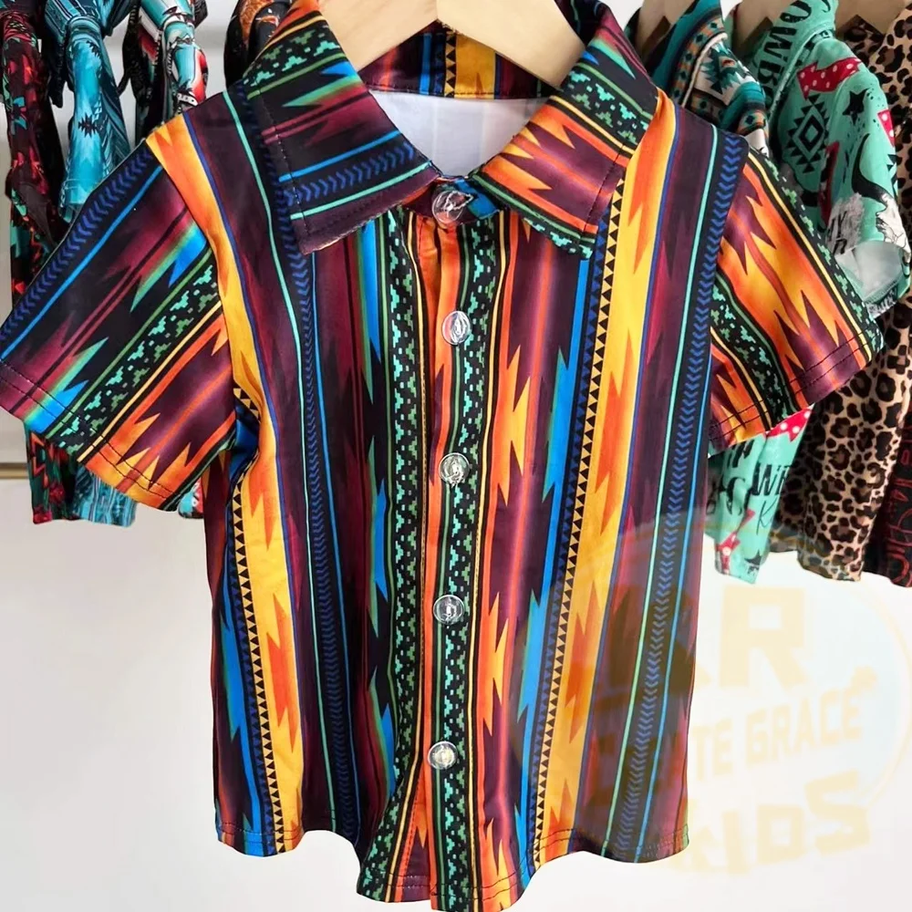 Hot selling western aztec cowboy printing boys t-shirt kids summer polo shirt custom kids baby cloth t shirts