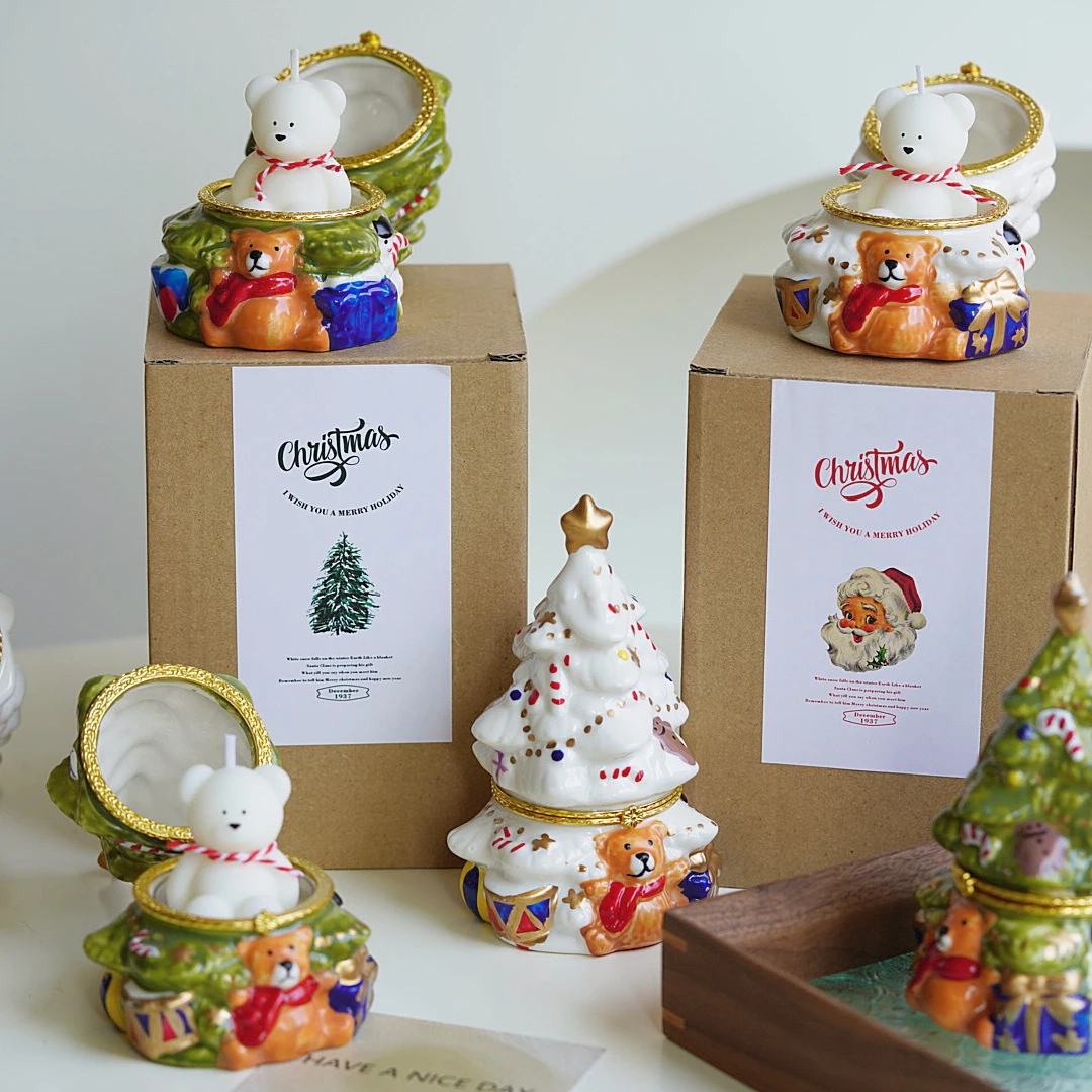Wholesale Christmas Bear Aromatherapy Candle Decor Gift Set Ceramic Christmas Tree Scented Candles