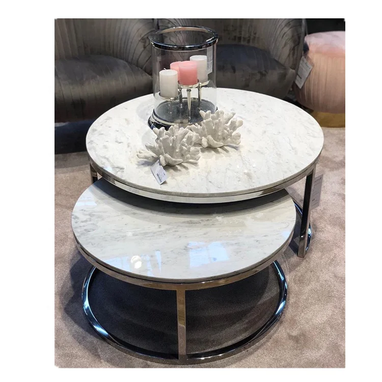 Modern Metal Base Round Nesting Coffee White Marble Table