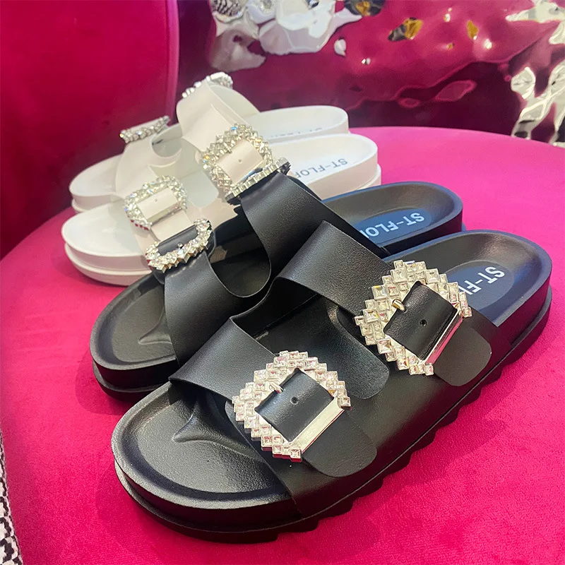2024 fashion simple rhinestone double buckle non-slip flat slide slippers woman shoes outdoor