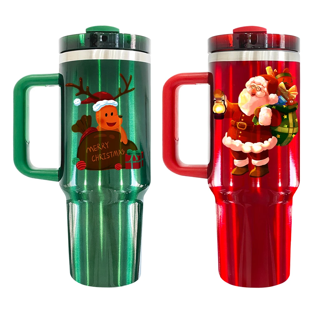 sublimation red green Metallic look 40oz Christmas stainless steel vacuum travel mug with handle and lid for cold hot drinks