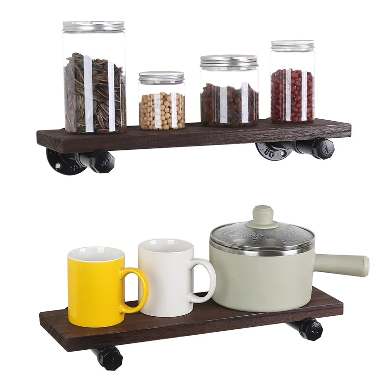 Rustic Wooden Floating Wall Shelves For Kitchen Living Room Industrial Wood Shelf with Iron Pipes Interior Decor Wall Storage