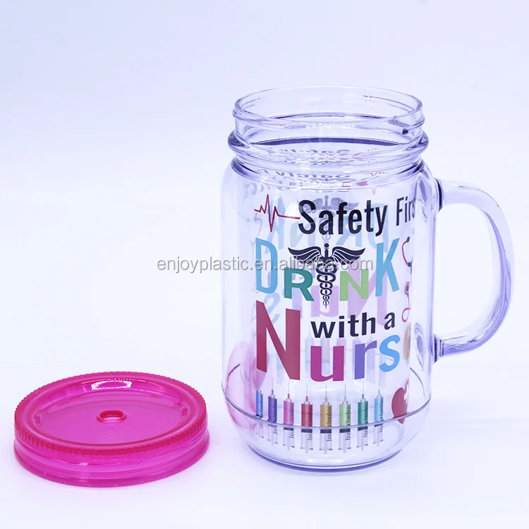 Wholesale Customized Plastic double wall snow globe 20oz plastic mason jar with handle and straw