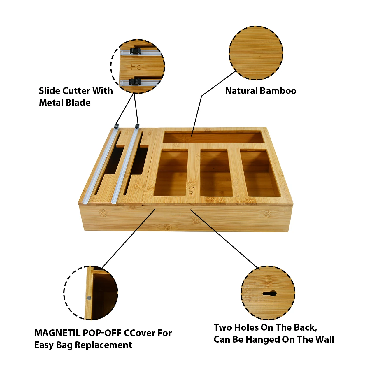 6 in 1 Zip Lock Bag Storage Organizer Box Bamboo Wood Film Wrap Aluminum Foil Dispenser with Cutter Wall Mount
