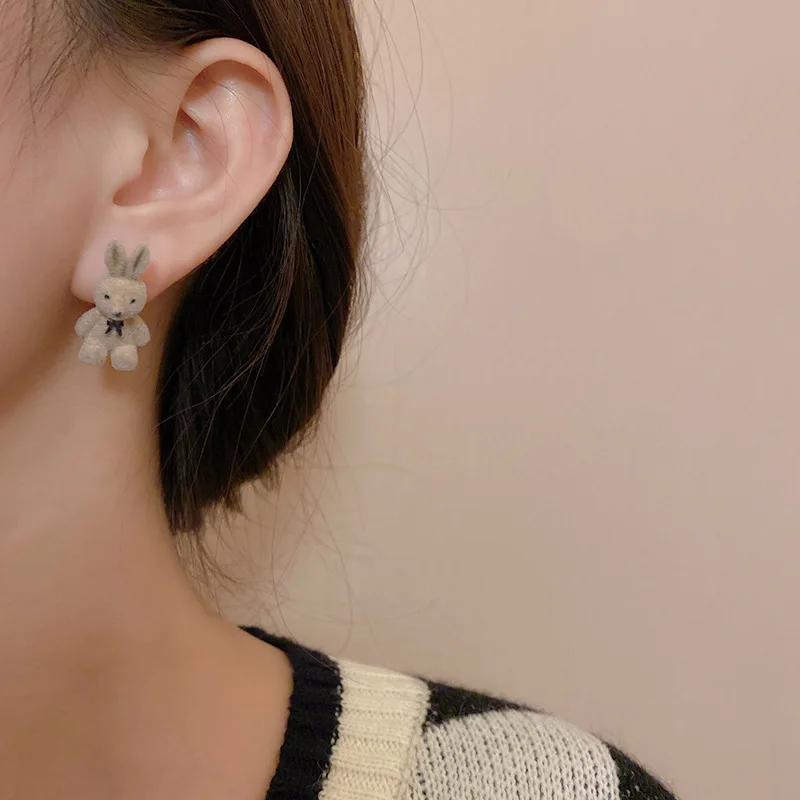 Winter Anime Bunny Stud Earrings Piercing for Woman All Match Cute Plush Rabbit Earrings Cartoon Popular Flocking Party Jewelry