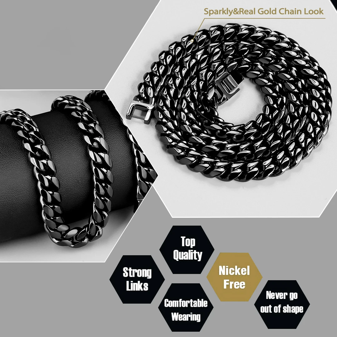 KRKC 10mm Black Gold Plated Miami Stainless Steel Curb Cuban Link Chain