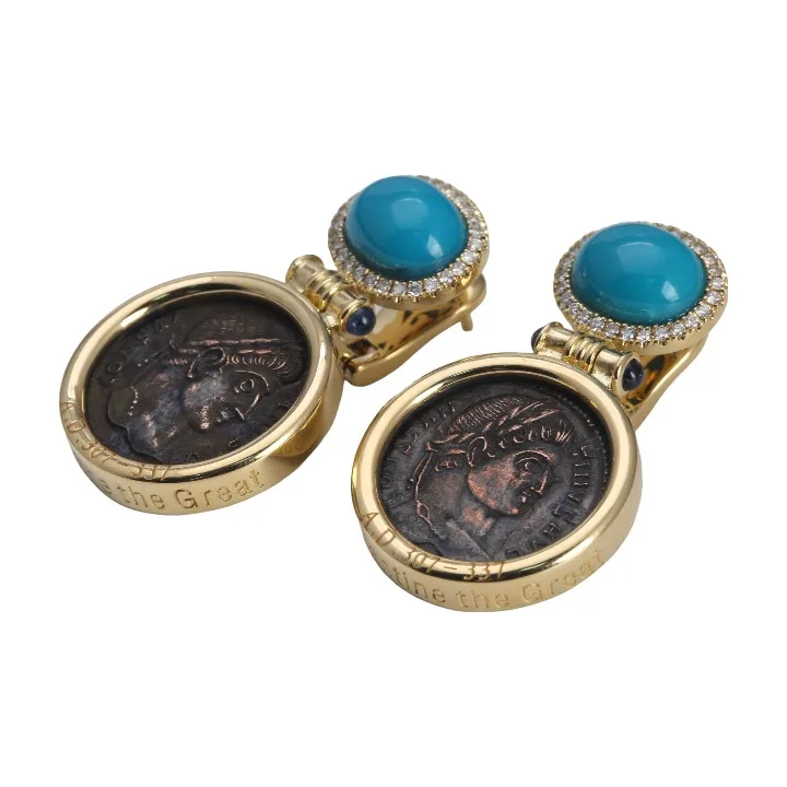 Wholesale Designer Inspired Luxury Women 18K Gold-Plated Gemstone Moissanite Zircon S925 Silver Turquoise Antique Coin Earrings