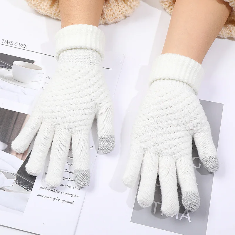 LTT1646 Jacquard Plain Women Men Mitten Elastic Cuff Texting Knitted Gloves Warm Fleece Lined Winter Gloves Touch Screen