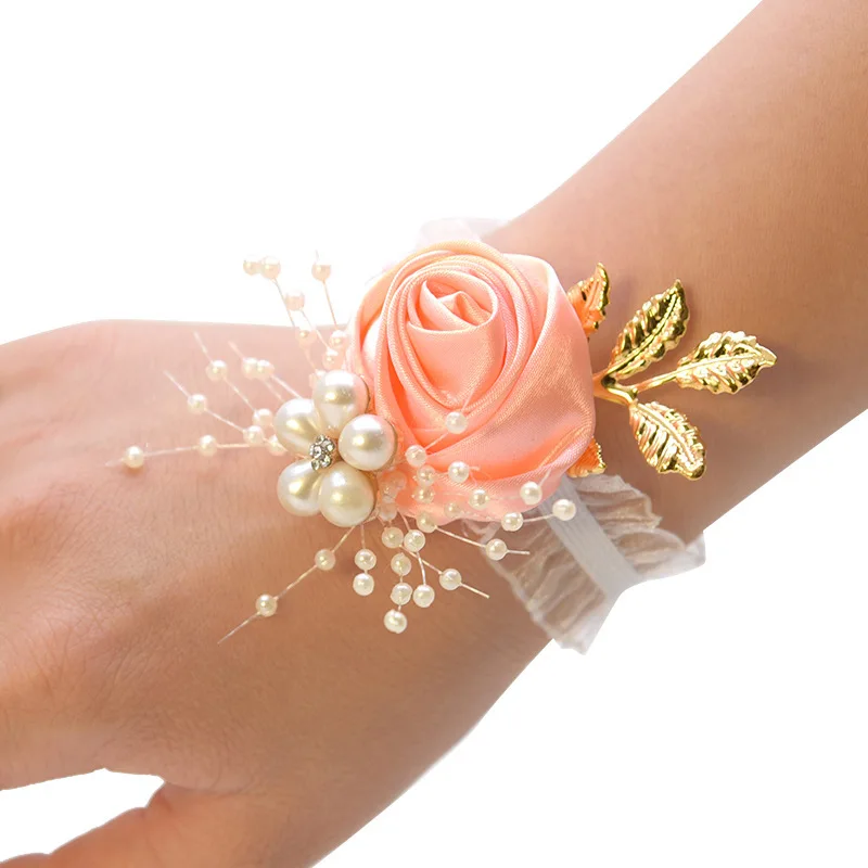 KS-102 Wedding Bridal Bridesmaid Silk Wrist Flower Corsage with Faux Pearl Bead Stretch Bracelet Wristband Gold Leaf