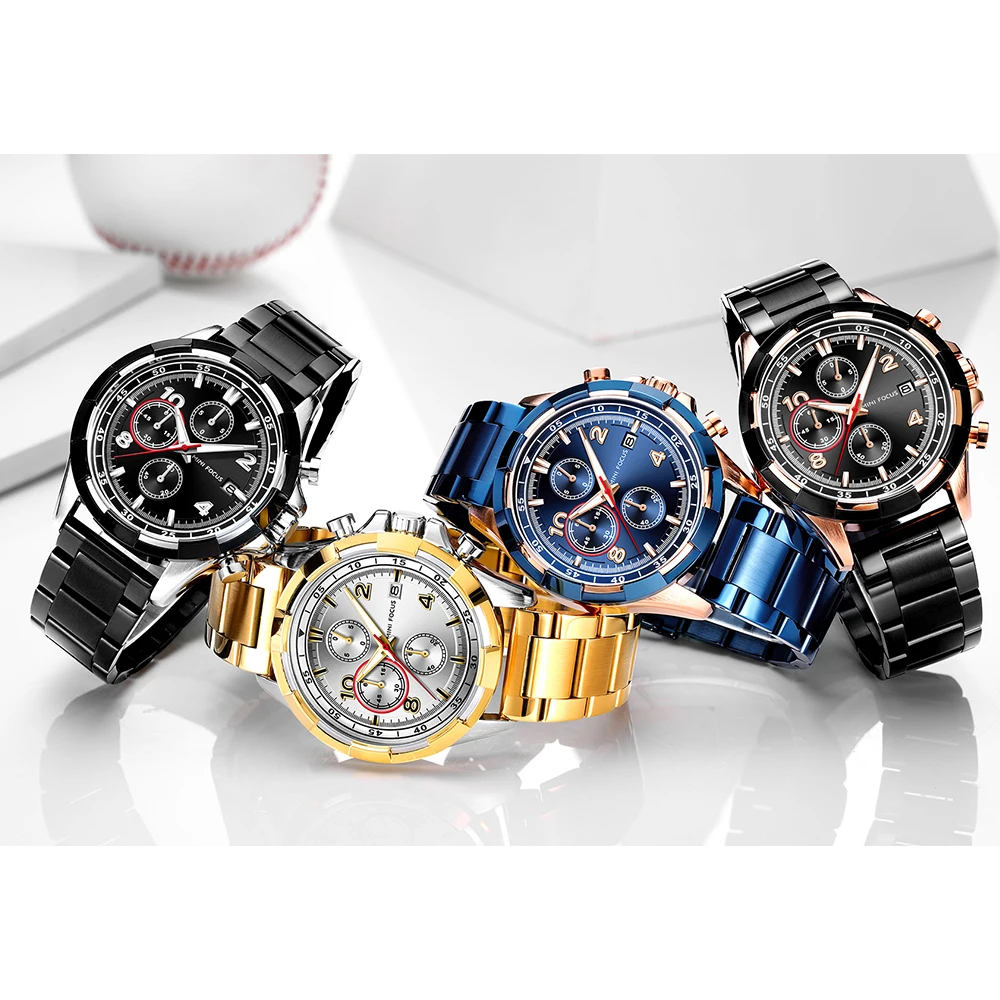 MINI FOCUS 0198   king Blue Man Quartz Watch Nice Steel Strap 3 Dials Chronograph Character Business Relogio Musculino