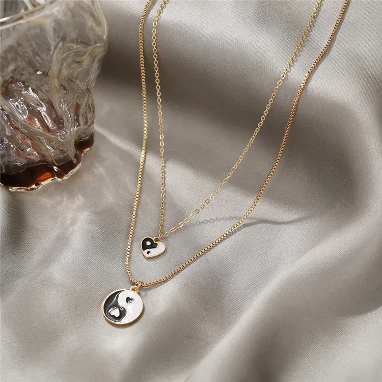 Qicai  Wholesale Fashion Necklace Jewelry Double Chain Layered Stainless Steel Made Ying Yang Pendant Necklace