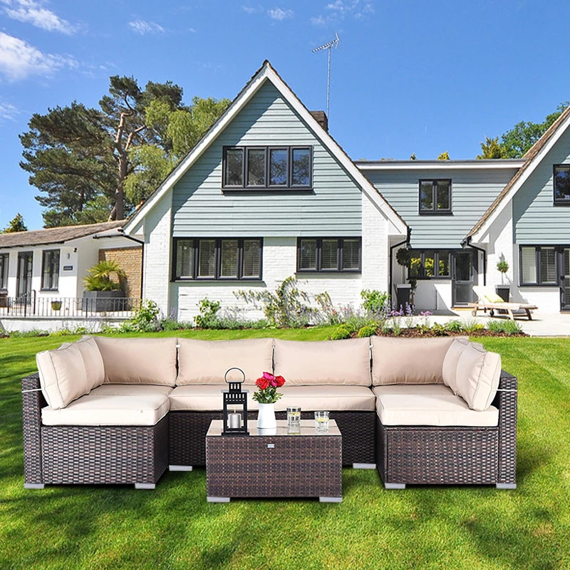 Outdoor furniture wicker brown Rattan sectional Garden Sofa sets with table for courtyard patio