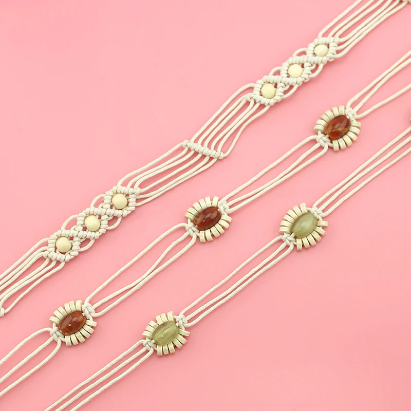 handmade braided cord belt with wood bead and fringe fashion belt