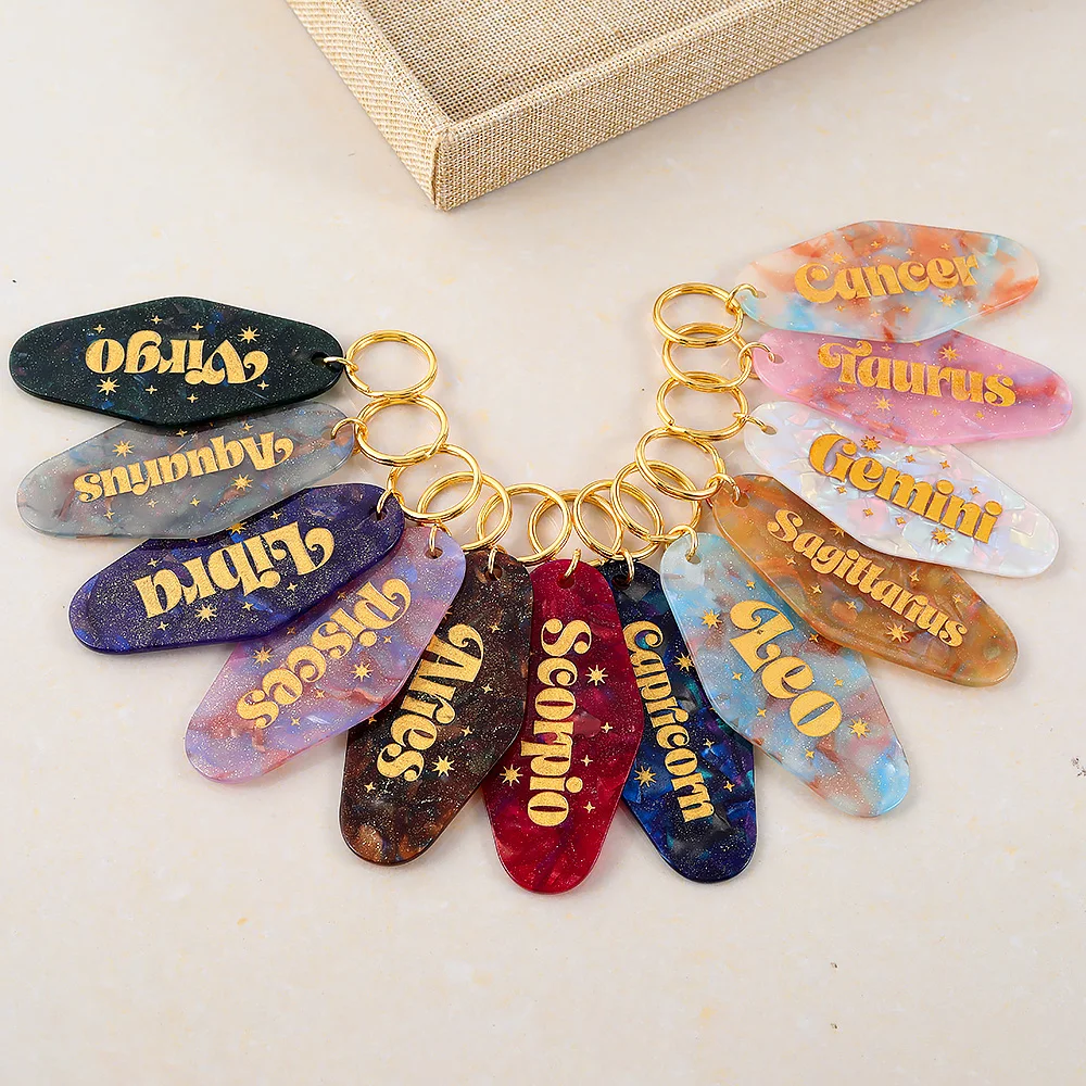 personalized acrylic glitter Retro vintage motel keychain blank custom plastic keychain Zodiac keychain