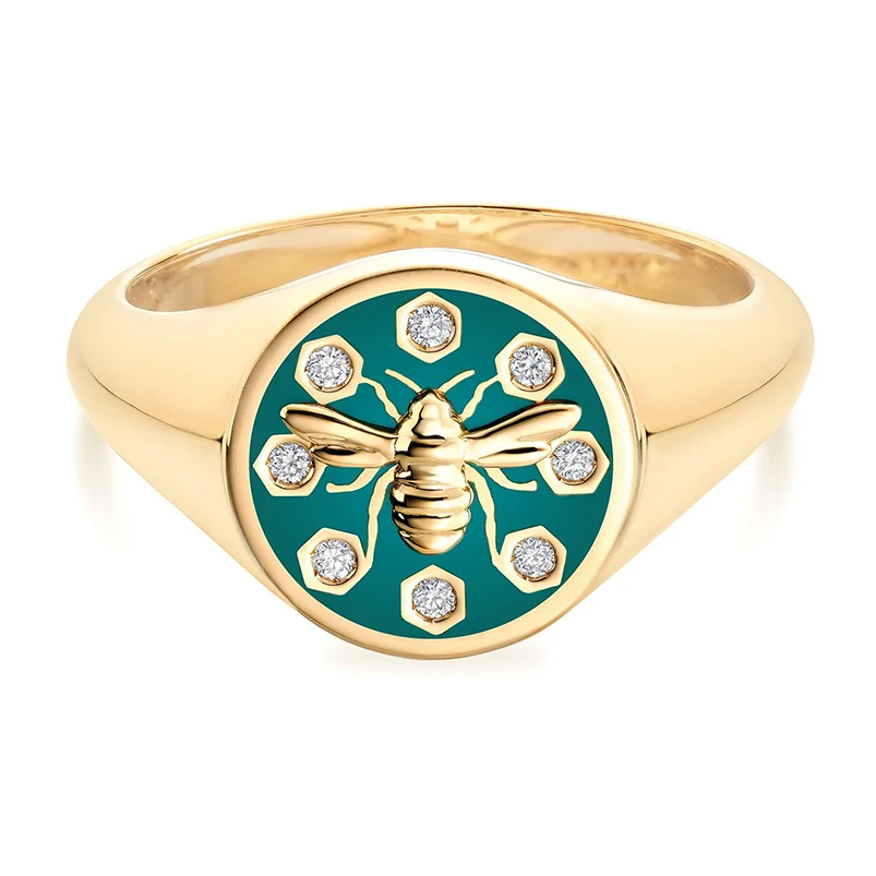 Gemnel 925 silver small bee enamel diamond round signet yellow 18k gold vermeil 0.1 microns ring