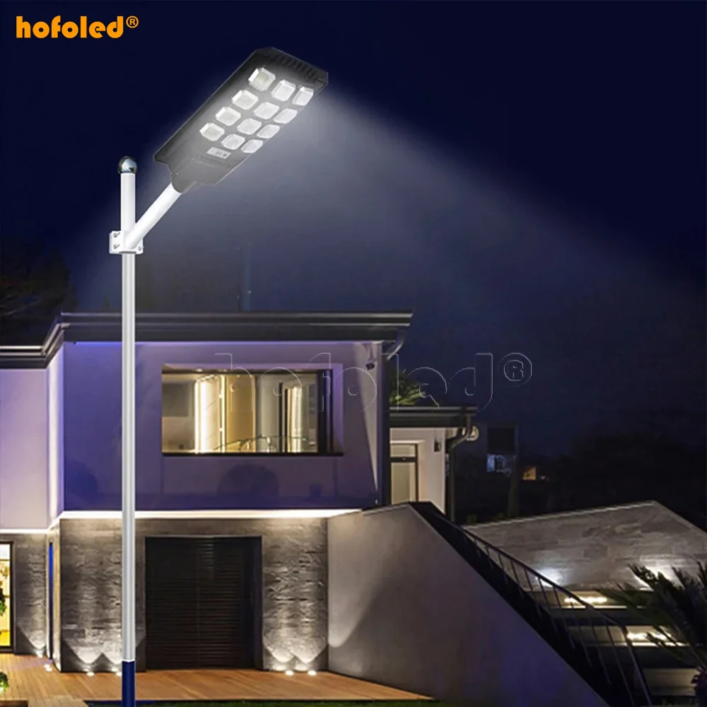 High Lumens Warm White Adjustable Light Brightness Large Capacity Hofoled Motion Sensor Dusk to Dark Solar LED Street Light