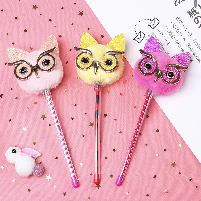 Hot Sale Cartoon Animal Owl Plush Pen Cute Fluffy Pom Pom Animal Doll Pen