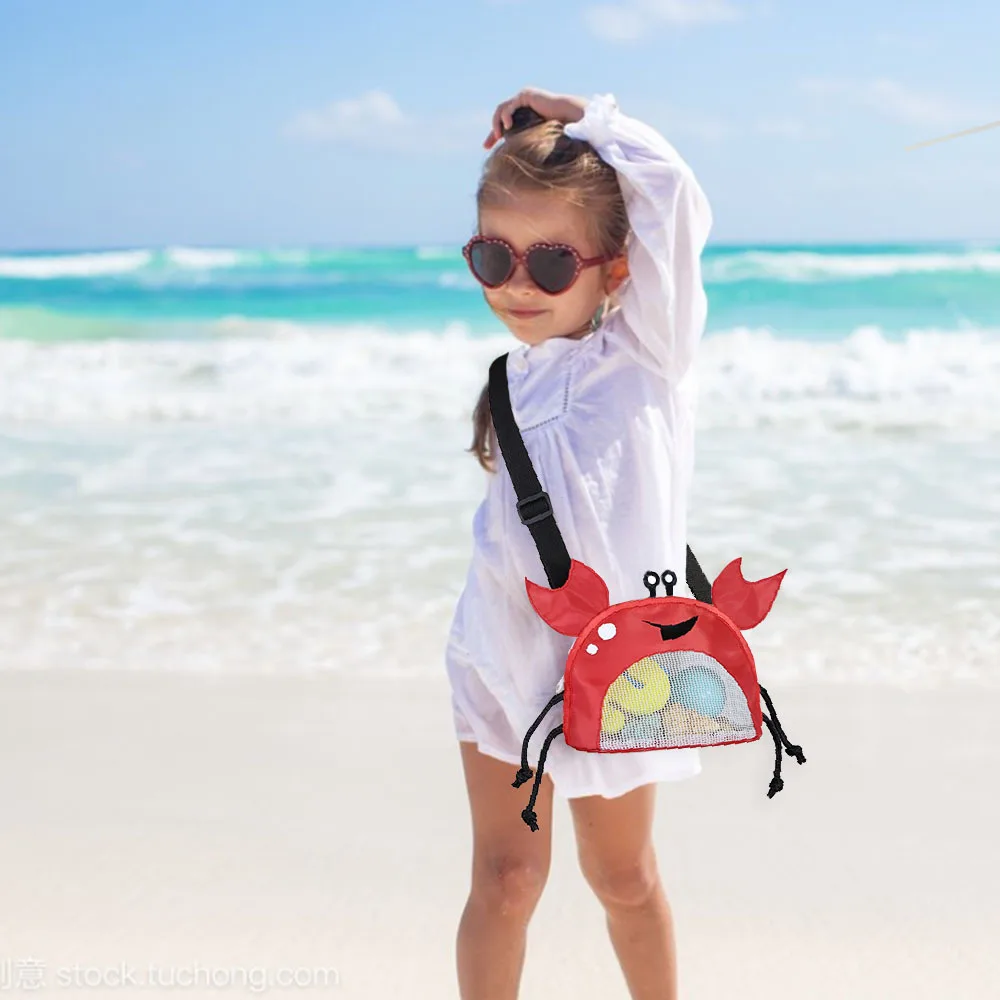 Mesh Beach Bag for Kids Shell & Pebble Collection Bag with Zipper Cute Crab Seashell Beach Play Storage Bag