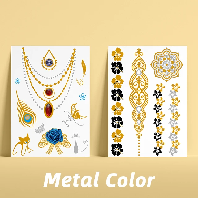 Factory Custom Metallic Gold  Silver Henna Temporary Tattoos Foil Henna Tattoo Stickers