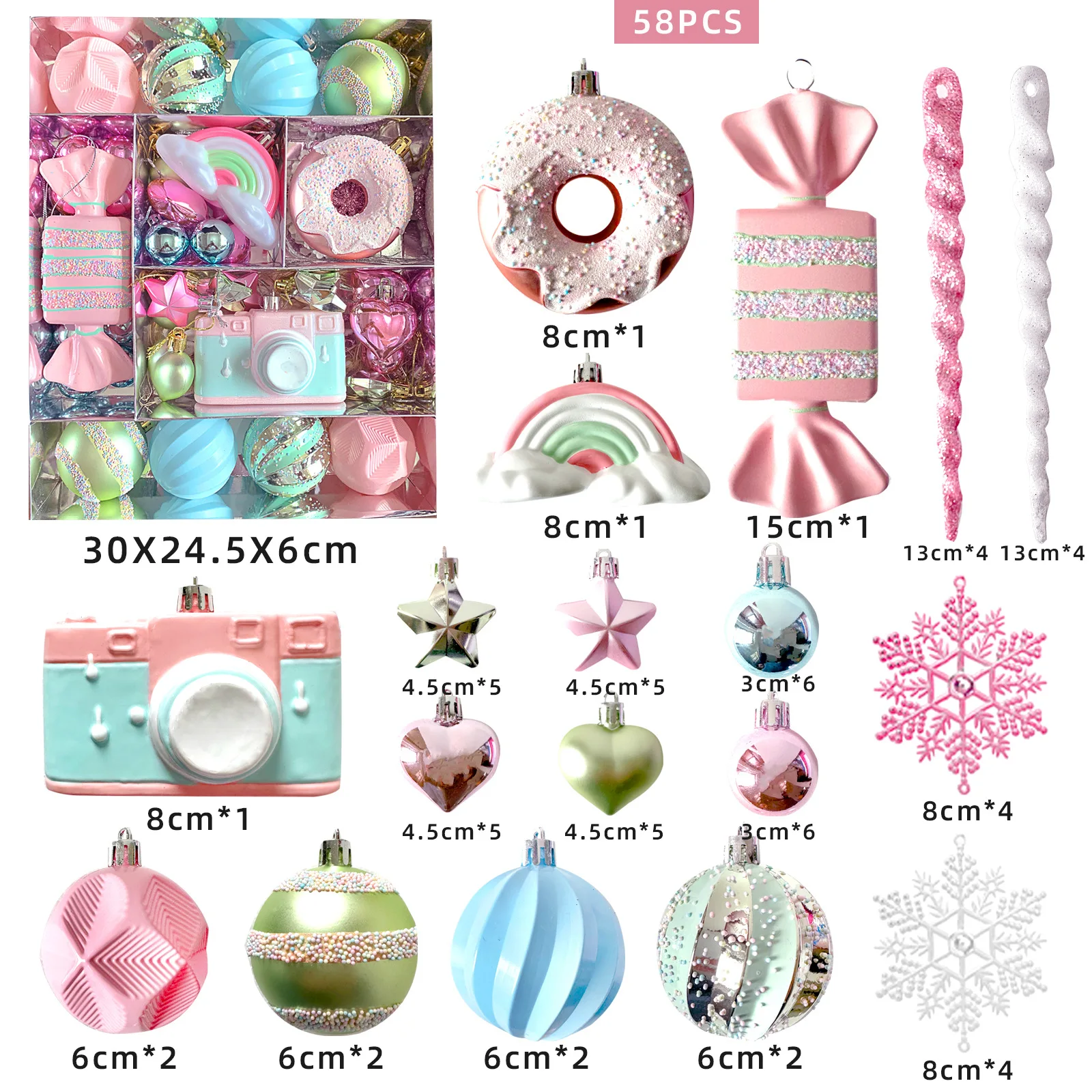 58 pcs pink macaron series christmas tree hanging Ornament set christmas balls