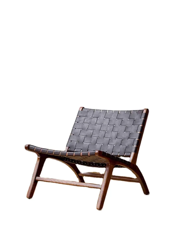 Vintage danish lounge chair living room saddle leather rattan relax chair wood frame leather weave chair